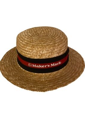 Maker's Mark Straw Boater Hat with Red & Black Band-OSFM tan straw, like new